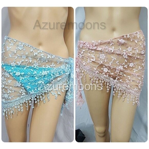 2 Lace Skirt Wraps – Ice Blue & Pink – Metallic Hip Scarves 57"x18" - Picture 1 of 7